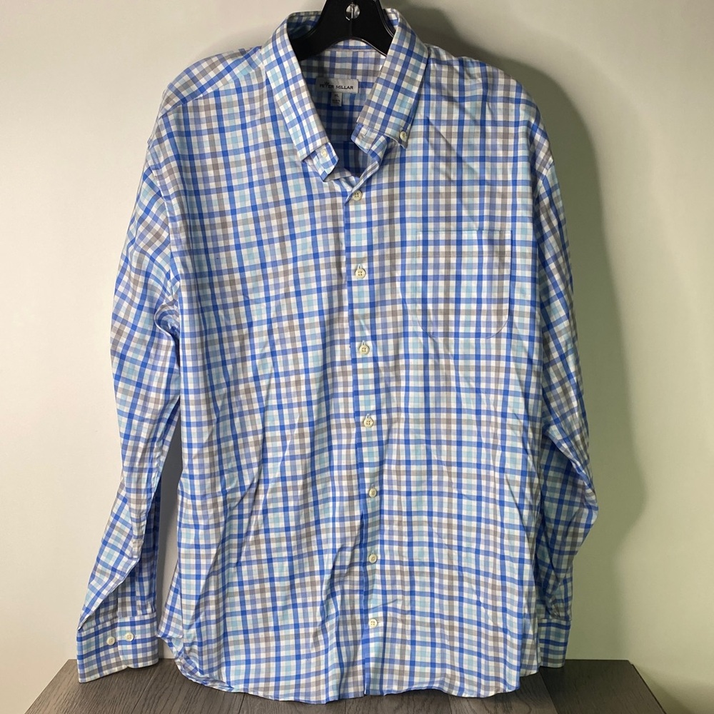 Peter Millar Men's XL Plaid Button-Down Shirt - Blue & White - 1405